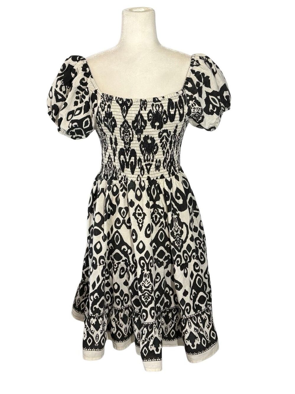 Lapogee linen blend ivory and black damask print fit and flare mini dress - 1X